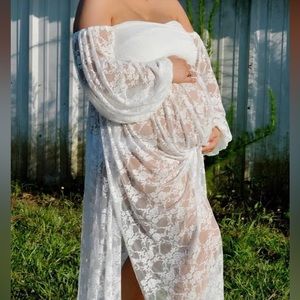 White soft Lace Off Shoulder Doubly Split A-line Skirt Maternity gown